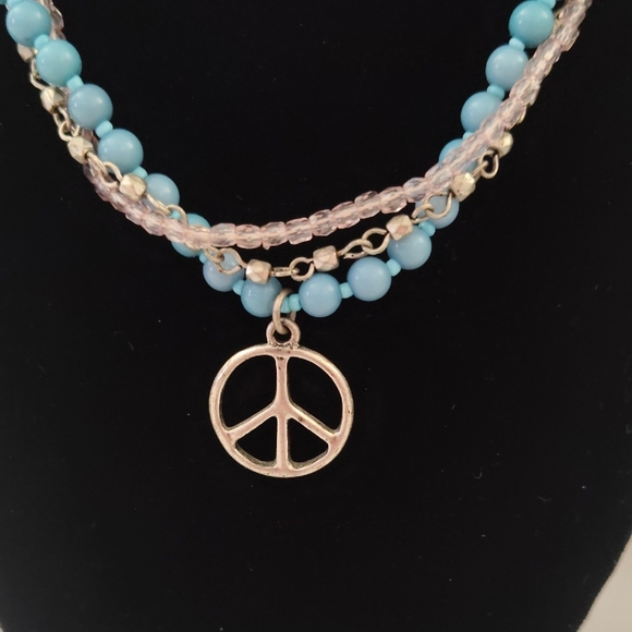 Multi-Strand Turquoise Beaded Necklace with Peace Pendant - Picture 2 of 5